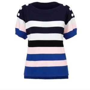 Cabi Navy Blue Pale Pink Stripe Knit Top. 5448
